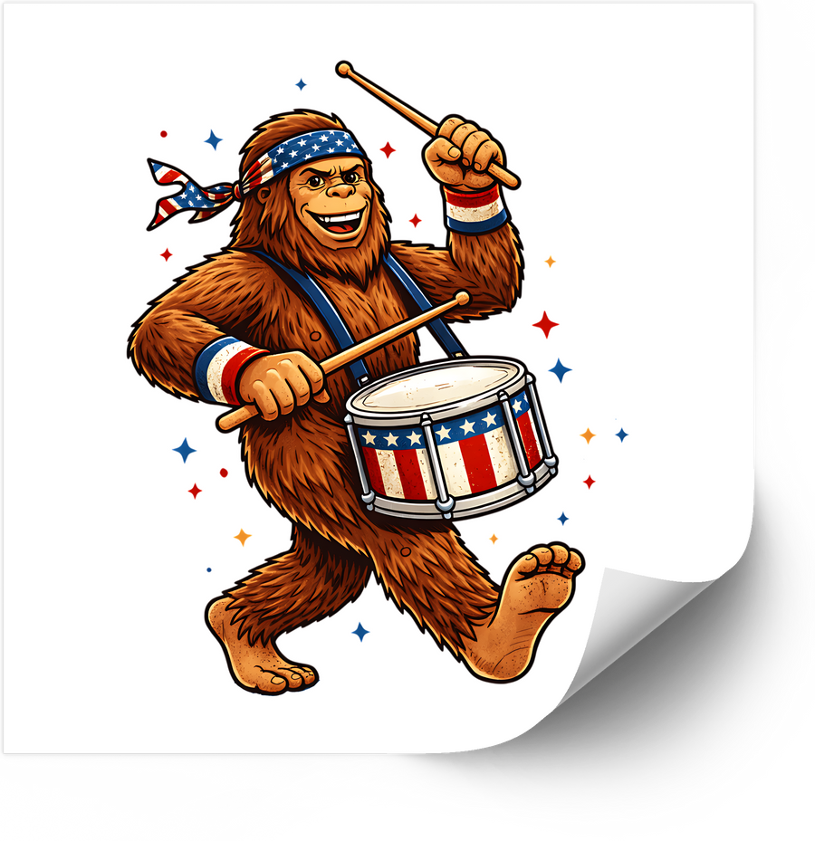 Bigfoot Patriotic Drummer Sticker | Funny Fourth of July Sasquatch Vinyl Decal