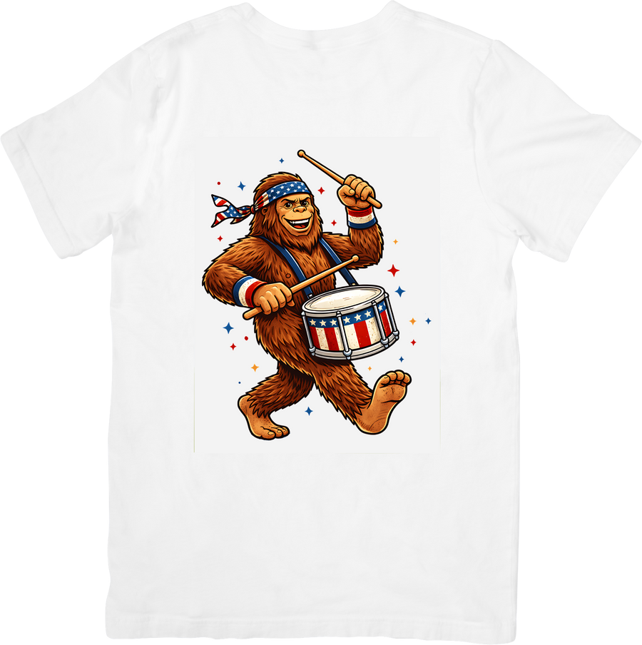 Bigfoot Patriotic Drummer T-Shirt | Funny Fourth of July Sasquatch Graphic Tee | Patriotic Gift