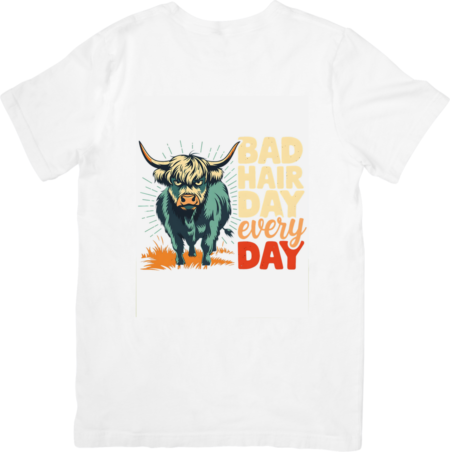 Bad Hair Day Every Day Highland Cow T-Shirt | Funny Retro Animal Graphic Tee | Cow Lover Gift